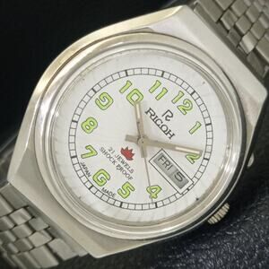 Vintage 1988 Ricoh Automatic Mens Silver Watch W/daydate & Green accents